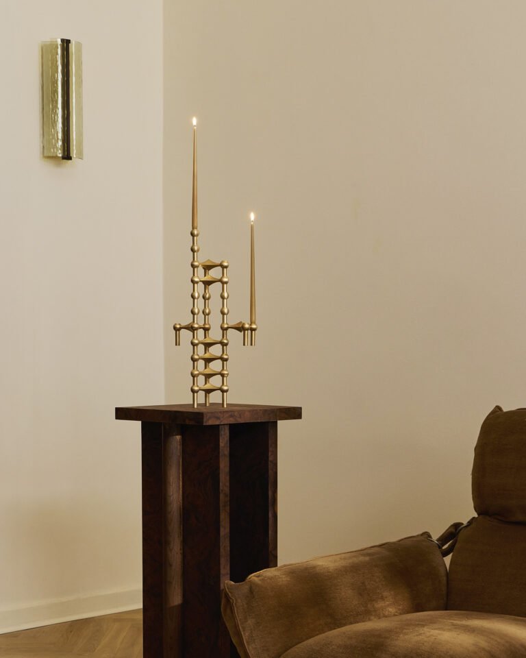 brushed brass candle holders + vase