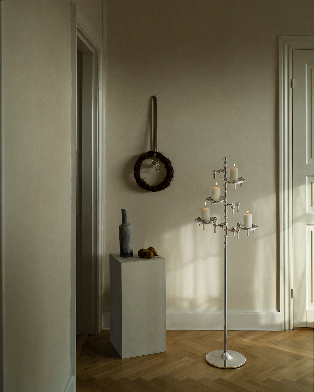 stoff nagel floor stand as an advent wreath using the stoff nagel bowls to hold pillar candles.