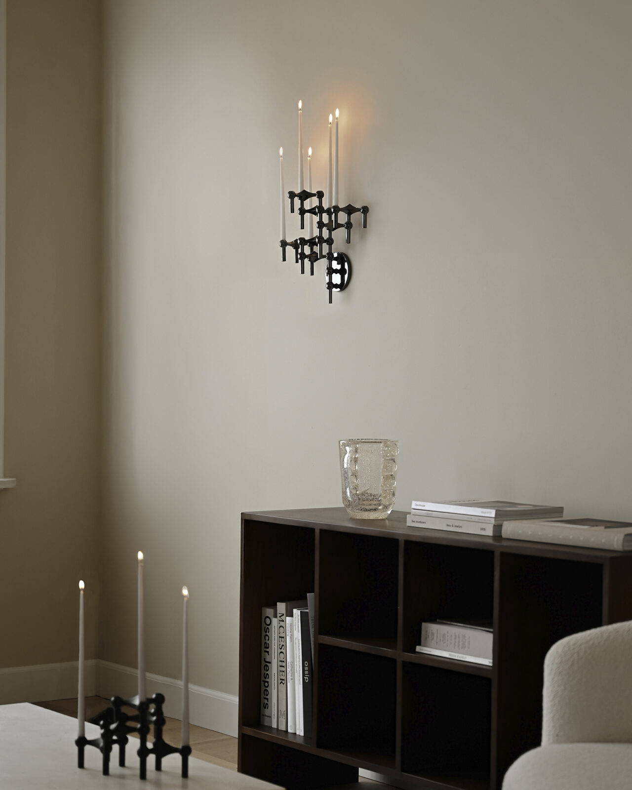 stoff nagel wall hanger in black chrome with black chrome candle holders