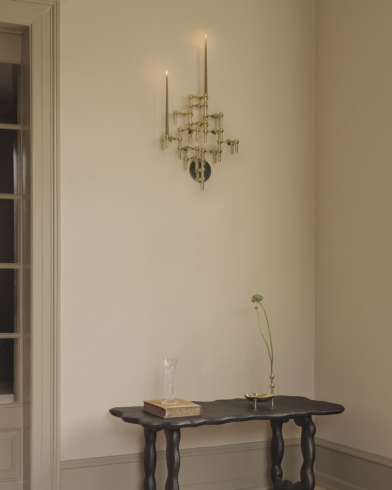 stoff nagel wall hanger in solid brass and bowl with vase also in solid brass